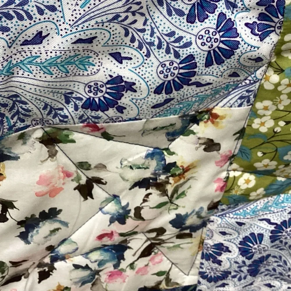 NWT. Hand Crafted Blues and Green Liberty Lawn Fabrics Garden Quilt with Stars